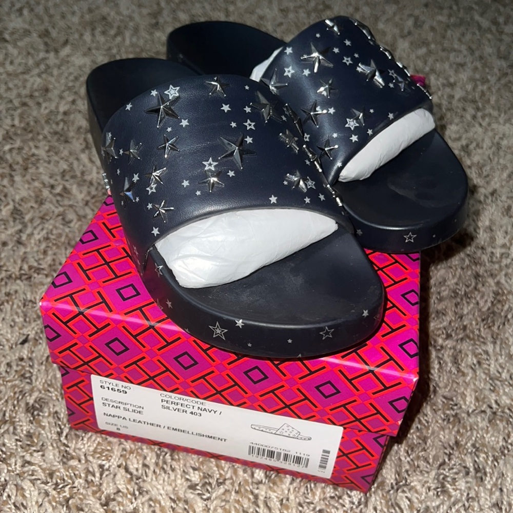 Navy blue slides w/ silver stars hardware